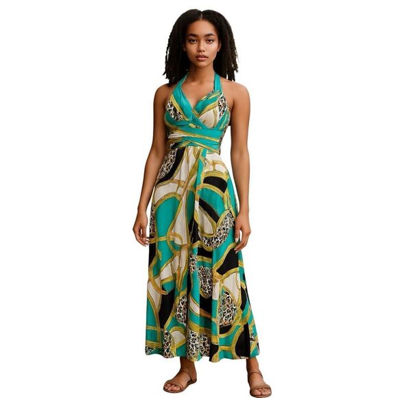 Womens maxi body con halter sundress chain leopard print stretchy size XL - Picture 1 of 5